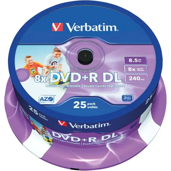 Verbatim DVD+R Dual Layer 8.5GB Printable 8x 25 Pack Verbatim 43667 DVD+R Dual Layer 8.5GB inkjet printable discs 8x spindle 25 pack