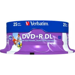 Verbatim DVD+R Dual Layer 8.5GB Printable 8x 25 Pack Verbatim 43667 DVD+R Dual Layer 8.5GB inkjet printable discs 8x spindle 25 pack