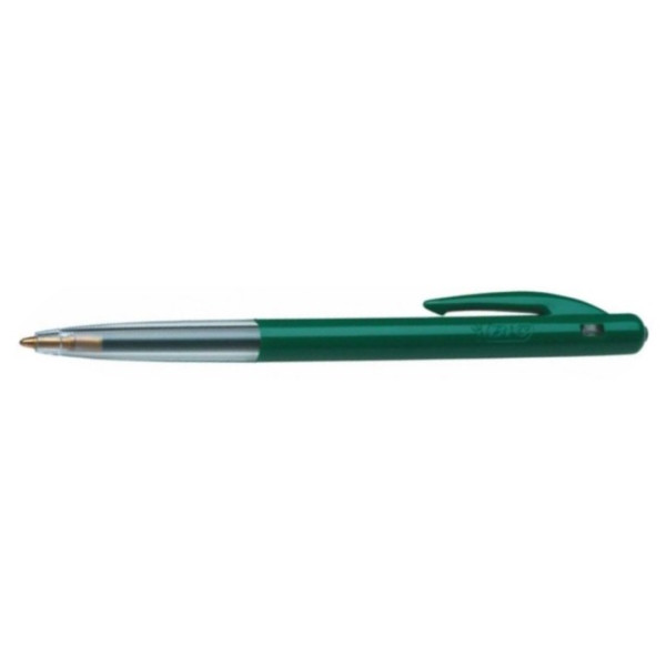 BIC Clic Medium Ballpoint Pen Green Side View BIC Clic Medium Ballpoint Pen Green shown from the side with retractable click top, pocket clip and semi-clear barrel