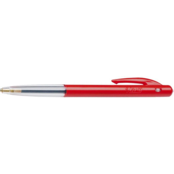 BIC Clic Medium Ballpoint Pen Red Side View BIC Clic Medium Ballpoint Pen Red shown from the side with retractable click top, pocket clip and semi-clear barrel