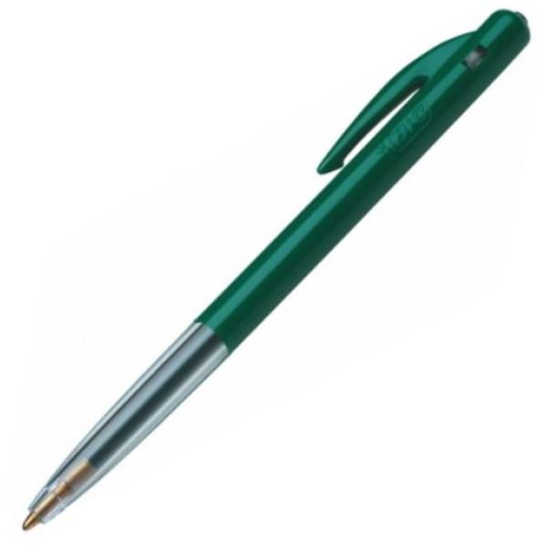BIC Clic Medium Ballpoint Pen Green Side View BIC Clic Medium Ballpoint Pen Green shown from the side with retractable click top, pocket clip and semi-clear barrel