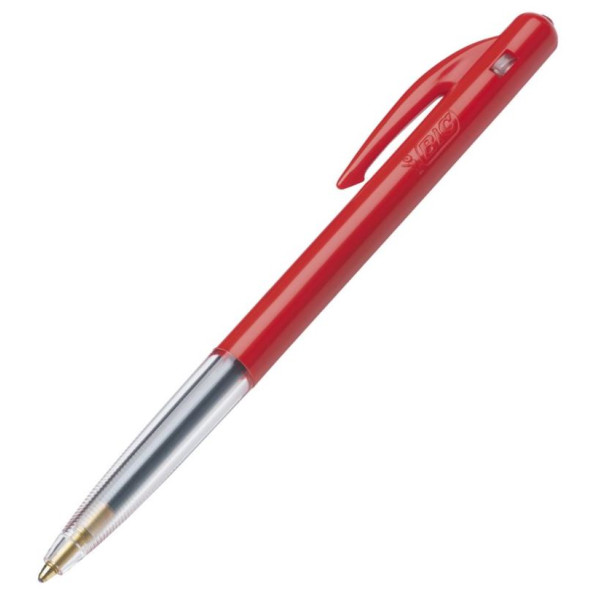 BIC Clic Medium Ballpoint Pen Red Side View BIC Clic Medium Ballpoint Pen Red shown from the side with retractable click top, pocket clip and semi-clear barrel