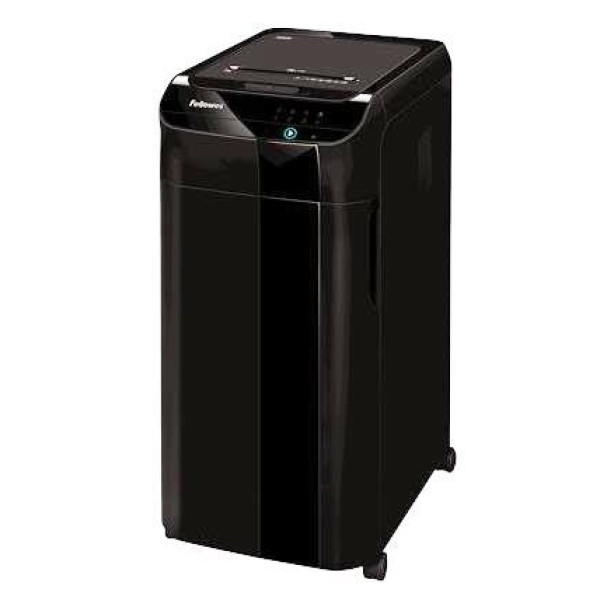 Fellowes AutoMax 350C shredder front angled view Fellowes AutoMax 350C P-4 cross-cut auto feed shredder front angled view