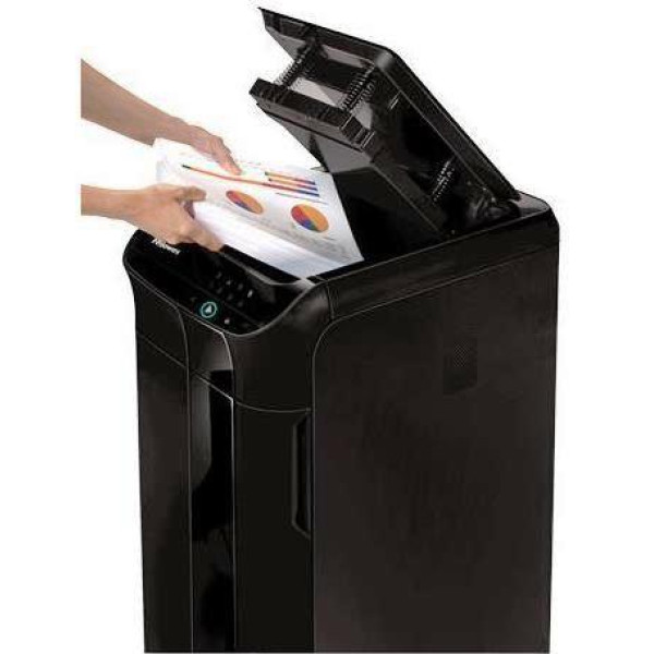 Fellowes AutoMax 350C shredder front angled view Fellowes AutoMax 350C P-4 cross-cut auto feed shredder front angled view