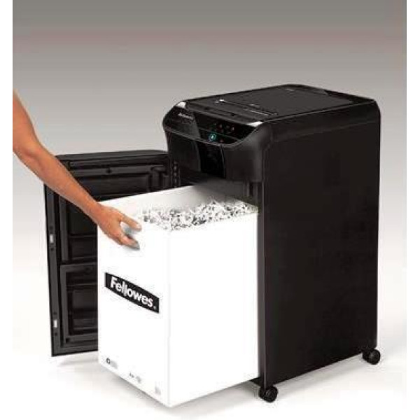 Fellowes AutoMax 350C shredder front angled view Fellowes AutoMax 350C P-4 cross-cut auto feed shredder front angled view