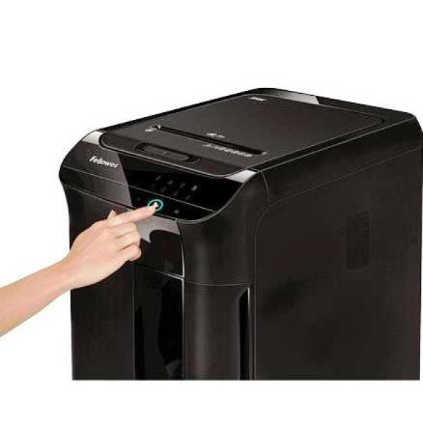 Fellowes AutoMax 350C shredder front angled view Fellowes AutoMax 350C P-4 cross-cut auto feed shredder front angled view
