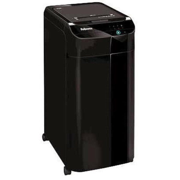 Fellowes AutoMax 350C shredder front angled view Fellowes AutoMax 350C P-4 cross-cut auto feed shredder front angled view