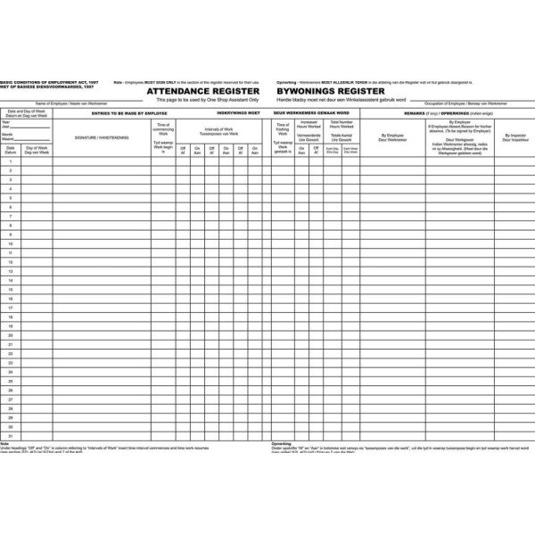 RBE 12 Month Attendance Register A4