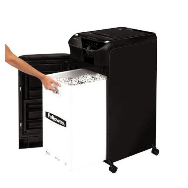 Fellowes AutoMax 600M P-5 micro-cut auto feed shredder front angled view