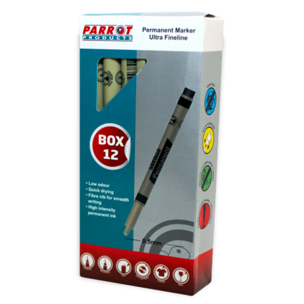 Parrot Ultra Fineliner Permanent Markers Black - 12 Pack