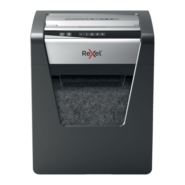 REXEL Momentum X410 Shredder – Left Side View Left side view of REXEL Momentum X410 Cross Cut Office Shredder