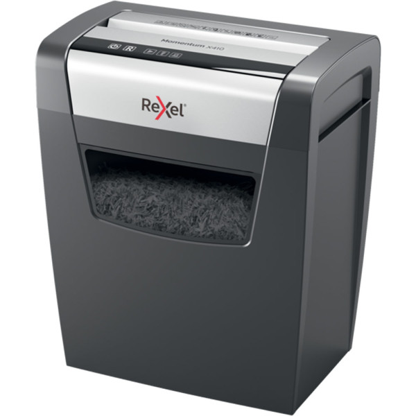 REXEL Momentum X410 Shredder – Left Side View Left side view of REXEL Momentum X410 Cross Cut Office Shredder