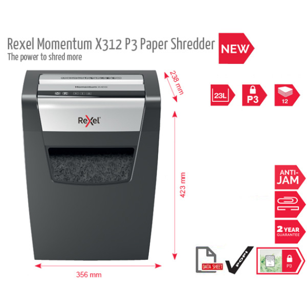 REXEL Momentum X312 Shredder – Left Side View Left side view of REXEL Momentum X312 Cross Cut Home Office Shredder
