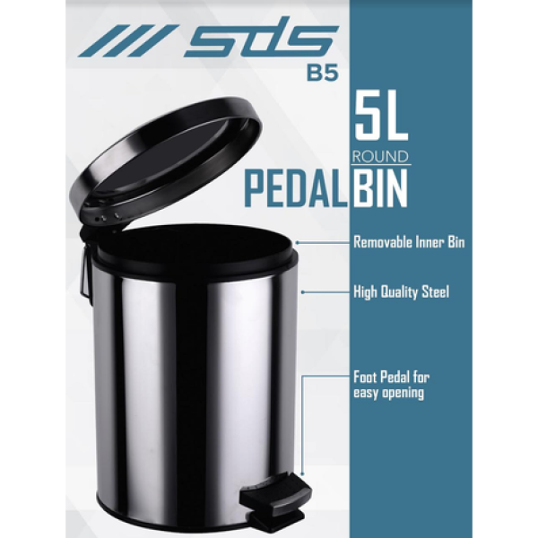 SDS Stainless Steel Round Pedal Bin - 5L
