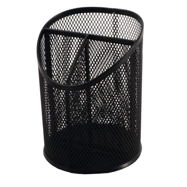 SDS Round Inclined Metal Mesh Pen Cup with 3 Compartments - Black