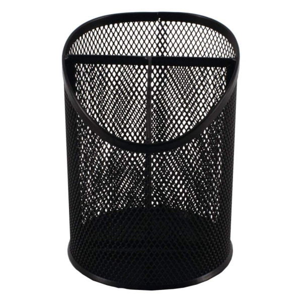 SDS Round Inclined Metal Mesh Pen Cup with 3 Compartments - Black