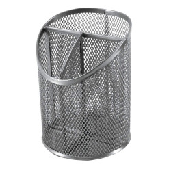 SDS Round Inclined Metal Mesh Pen Cup with 3 Compartments - Silver SDS Round Inclined Metal Mesh Pen Cup with 3 Compartments - Silver