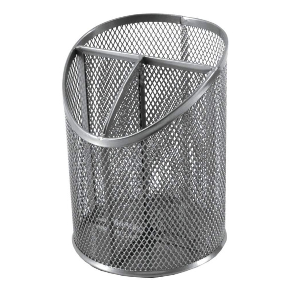 SDS Round Inclined Metal Mesh Pen Cup with 3 Compartments - Silver