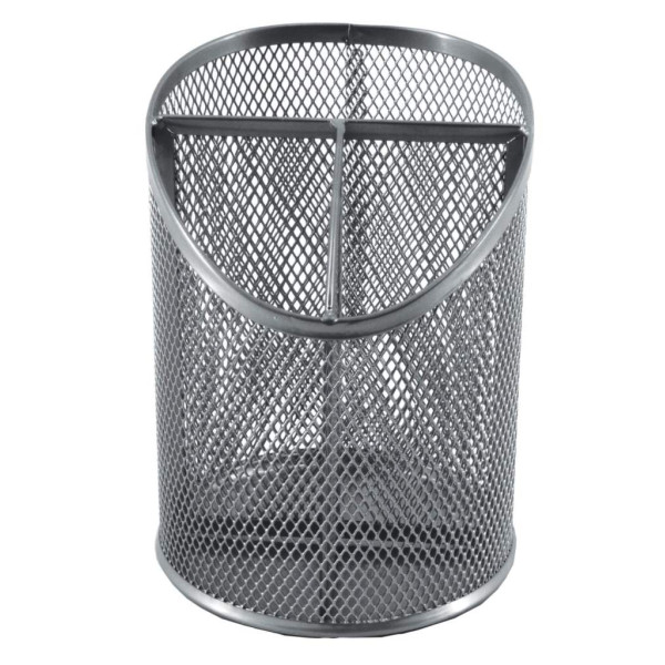 SDS Round Inclined Metal Mesh Pen Cup with 3 Compartments - Silver