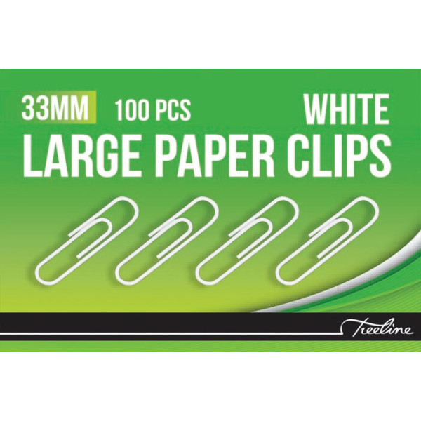 TREELINE Paper Clips 33mm White PVC Coated - 100s