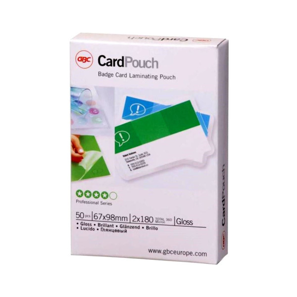 GBC CardPouch Badge Card Laminating Pouches 360 Micron 67 x 98mm GBC CardPouch badge card laminating pouches 360 micron 67 x 98mm 50 pack for visitor badges and ID-style cards
