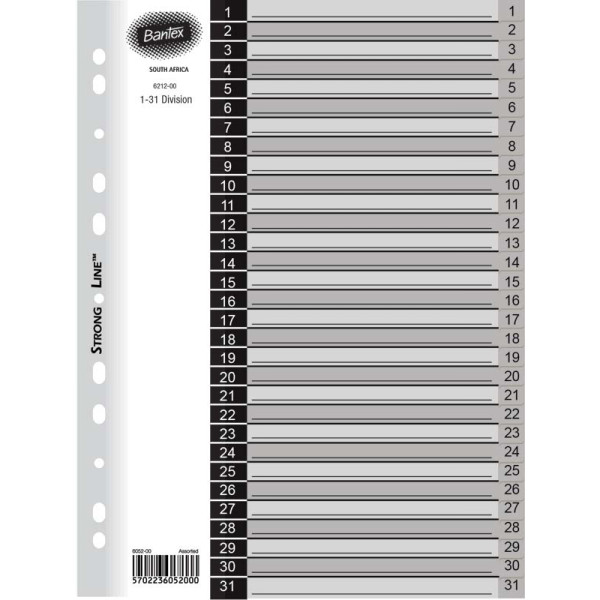 BANTEX Grey A4 PP 1-31 Index Dividers - Printed BANTEX Grey A4 PP 1-31 Index Dividers - Printed