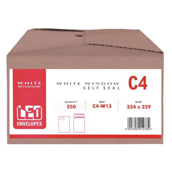LEO - C4 Envelopes White Window Self-Seal Pocket (Box 250) LEO - C4 Envelopes White Window Self-Seal Pocket (Box 250)