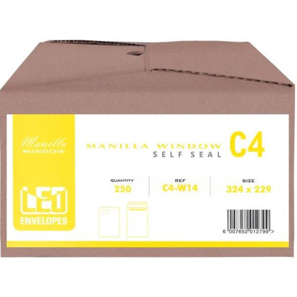 LEO - C4 Envelopes Manila Window Self-Seal Pocket (Box 250) LEO - C4 Envelopes Manila Window Self-Seal Pocket (Box 250)
