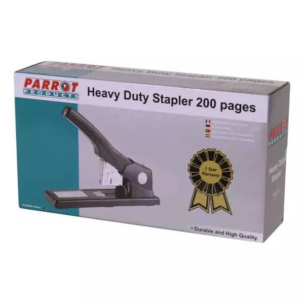 PARROT 200 Sheet Heavy Duty Stapler Side Angle Side angle of PARROT black heavy duty stapler for up to 200 sheets