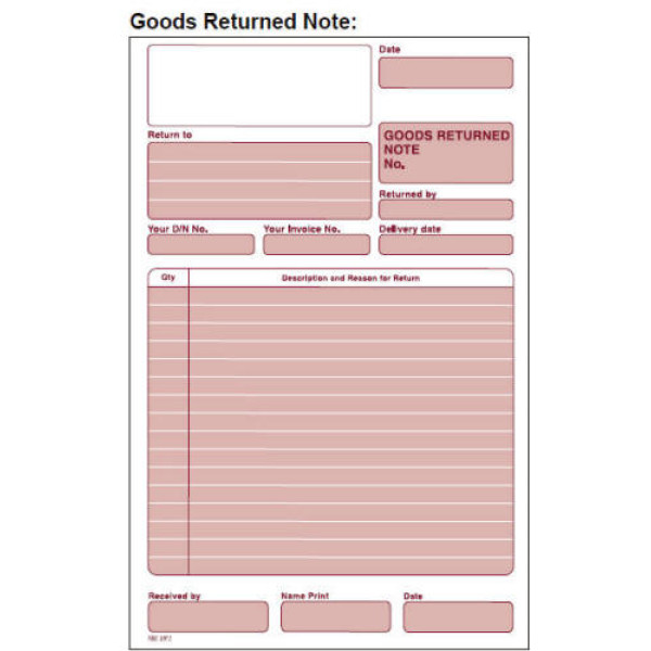 RBE NC A5 Triplicate Goods Returned Note RBE NC A5 Triplicate Goods Returned Note