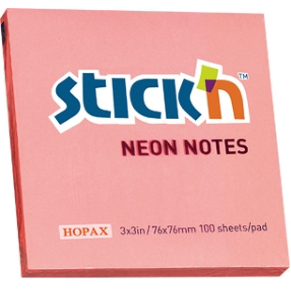 Stick'n Notes Neon 76x76mm Pink (100 Sheets)