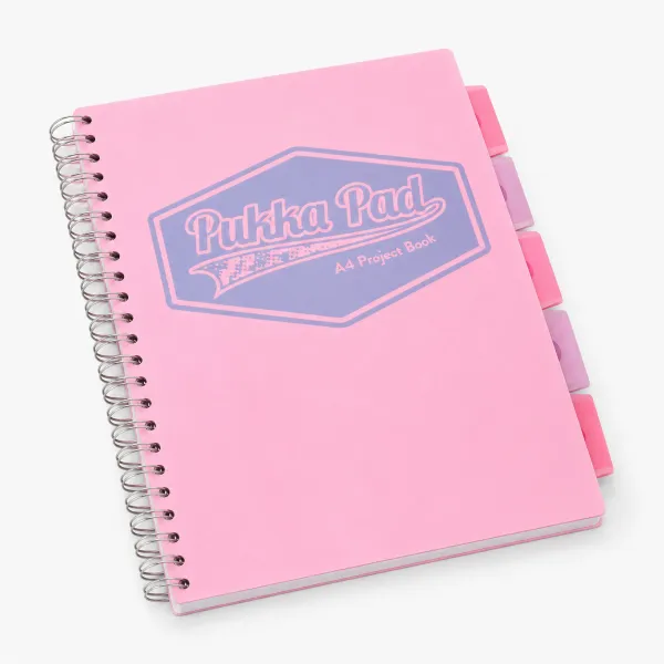 Pukka Pads Pastel A4 Polypropylene Cover Project Book 200 Page in pink shown from the front