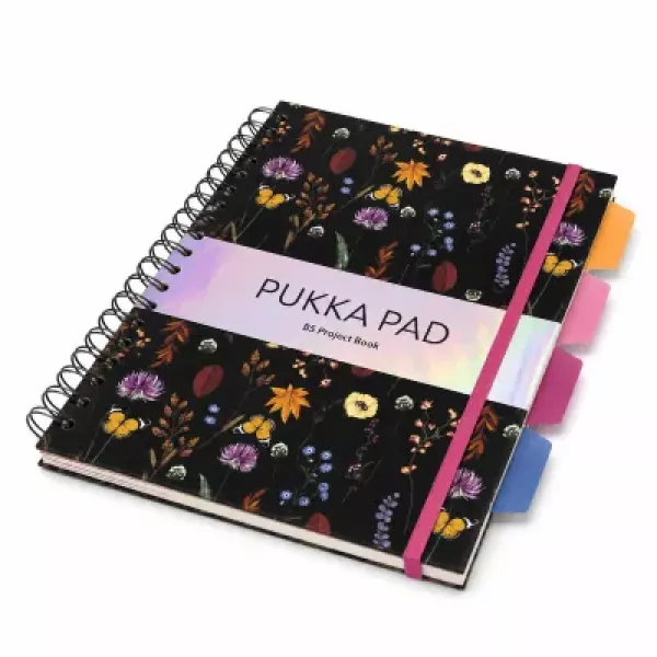 Pukka Bloom B5 Hardcover Project Book Black Front View Pukka Bloom B5 Hardcover Project Book 200 Page Black shown from the front with dividers