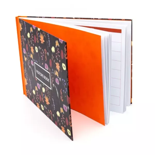 Pukka Bloom Visitor Book with black floral cover shown from the front